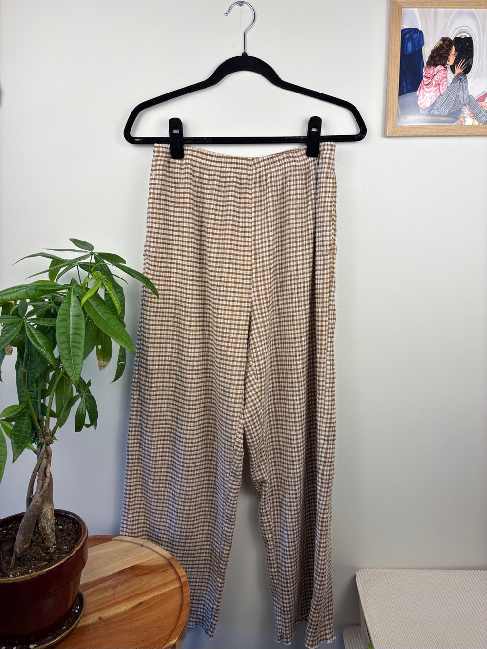 High-Waist Plaid Wide-Leg Pants - Beige Brown